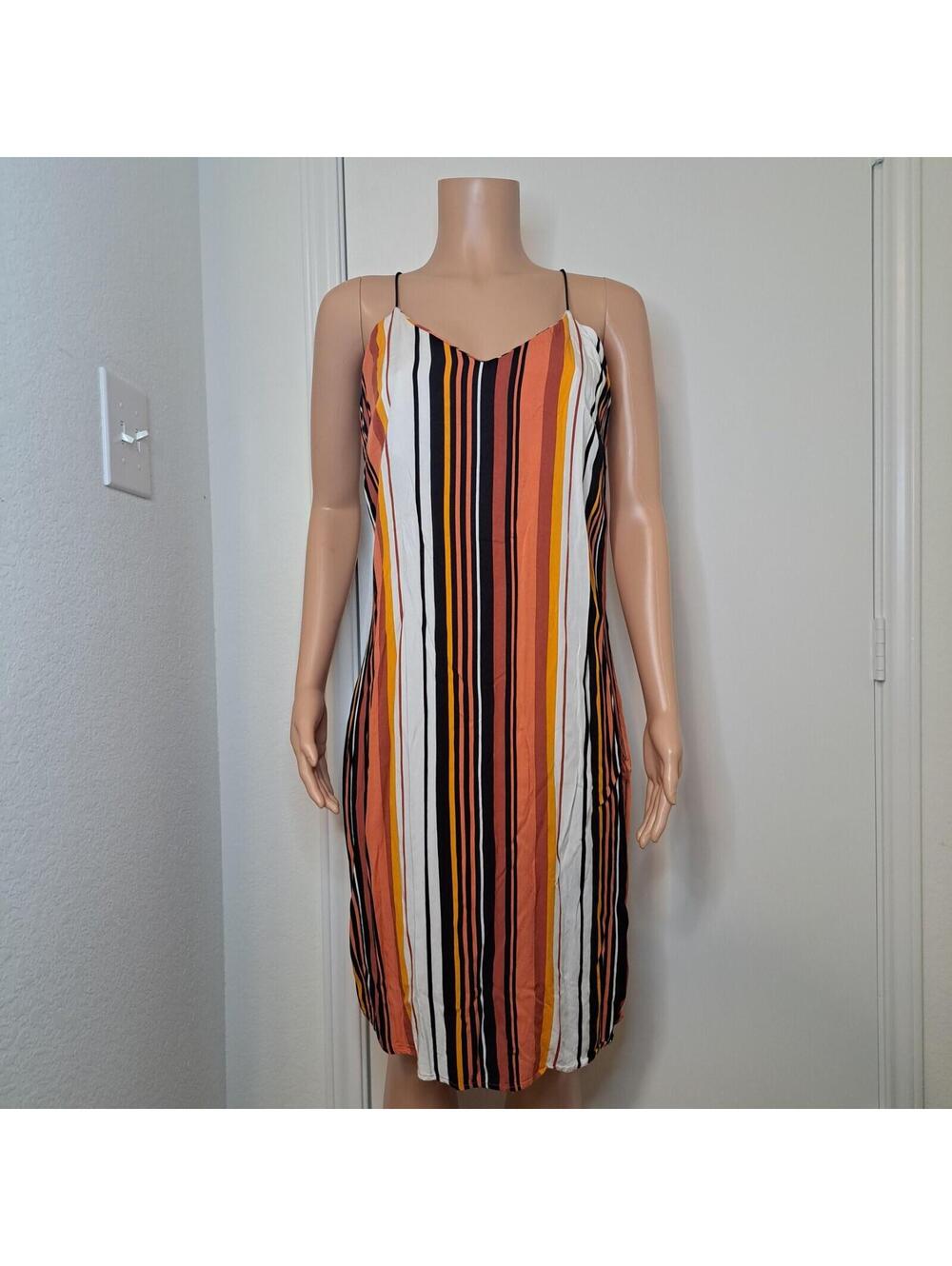 Volcom Striped Dress Shell Shocked Brown Orange Spaghetti Strap Beach Sz L 10